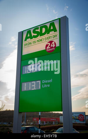 Fuel Prices on an Asda Petrol Station Forecourt sign - March 2015 Stock Photo