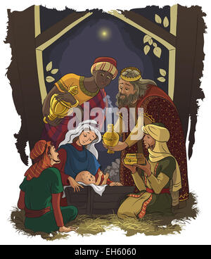 Nativity scene. Jesus, Mary, Joseph and the Three Kings - Three Wise Men in the manger Stock Photo