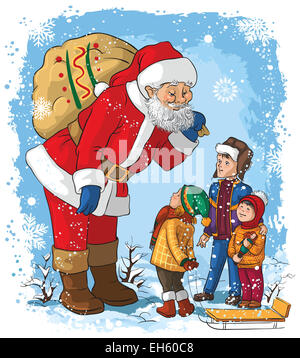 Santa with children. Christmas cartoon illustration Stock Photo
