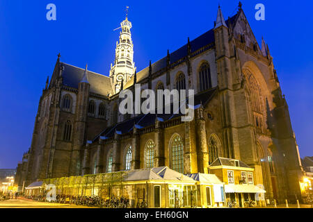 St. Bavo Church (Grote Kerk) at twilight, Grote Markt, Haarlem, Netherlands Stock Photo