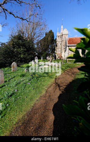 Spring flowers populate the churchyard of St. Mary's Church, Brighstone, a medieval  twelfth century parish church. Stock Photo