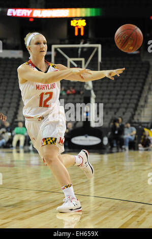 Hoffman Estates, IL, USA. 7th Mar, 2015. Maryland Terrapins guard Kristen Confroy (12) passes the ball in the first half during the 2015 Big Ten Women's Basketball Tournament game between the Maryland Terrapins and the Northwestern Wildcats at the Sears Centre in Hoffman Estates, IL. Patrick Gorski/CSM/Alamy Live News Stock Photo
