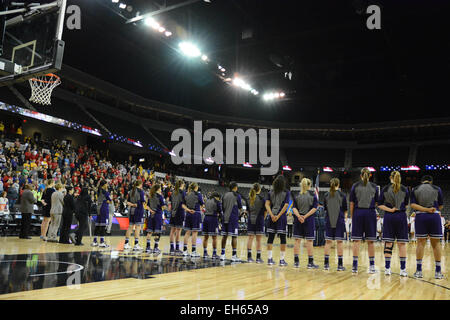 Hoffman Estates, IL, USA. 7th Mar, 2015. Northwestern Wildcats lined up before the first half during the 2015 Big Ten Women's Basketball Tournament game between the Maryland Terrapins and the Northwestern Wildcats at the Sears Centre in Hoffman Estates, IL. Patrick Gorski/CSM/Alamy Live News Stock Photo