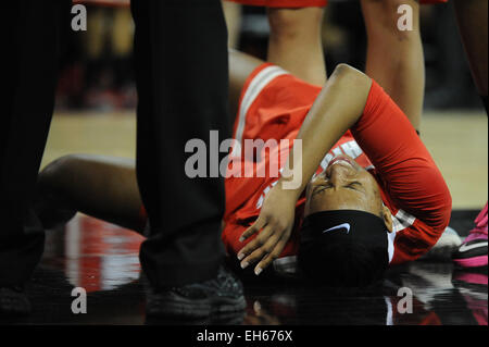 Hoffman Estates, IL, USA. 7th Mar, 2015. Ohio State Buckeyes guard Ameryst Alston (14) on the ground in pain after a play in the first half during the 2015 Big Ten Women's Basketball Tournament game between the Iowa Hawkeyes and the Ohio State Buckeyes at the Sears Centre in Hoffman Estates, IL. Patrick Gorski/CSM/Alamy Live News Stock Photo
