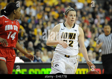 Hoffman Estates, IL, USA. 7th Mar, 2015. Iowa Hawkeyes guard Samantha Logic (22) controls the ball in front of Ohio State Buckeyes guard Ameryst Alston (14) in the first half during the 2015 Big Ten Women's Basketball Tournament game between the Iowa Hawkeyes and the Ohio State Buckeyes at the Sears Centre in Hoffman Estates, IL. Patrick Gorski/CSM/Alamy Live News Stock Photo