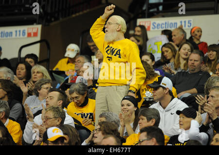 Hoffman Estates, IL, USA. 7th Mar, 2015. An Iowa Hawkeyes roots for his team in the first half during the 2015 Big Ten Women's Basketball Tournament game between the Iowa Hawkeyes and the Ohio State Buckeyes at the Sears Centre in Hoffman Estates, IL. Patrick Gorski/CSM/Alamy Live News Stock Photo