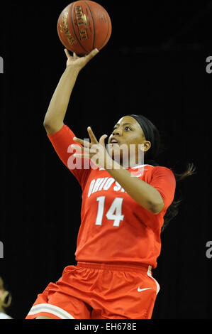 Hoffman Estates, IL, USA. 7th Mar, 2015. Ohio State Buckeyes guard Ameryst Alston (14) takes a last second shot in the first half during the 2015 Big Ten Women's Basketball Tournament game between the Iowa Hawkeyes and the Ohio State Buckeyes at the Sears Centre in Hoffman Estates, IL. Patrick Gorski/CSM/Alamy Live News Stock Photo