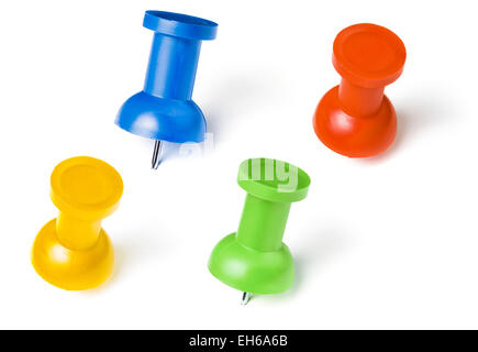 colorful push pins set with shadows isolated on white Stock Photo