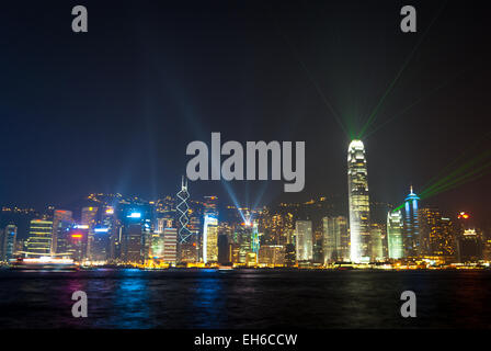 Spectacular sound and light show on Hong Kong Harbour at night. Viewed from Tsim Sha Tsui promenade in Kowloon Stock Photo