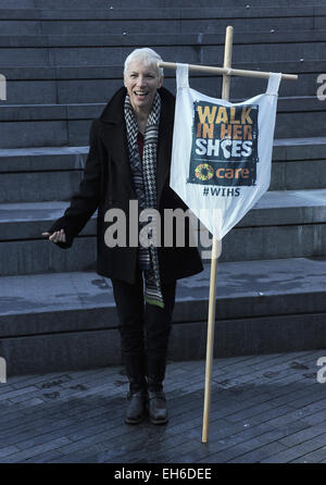 London, UK. 8th Mar, 2015. Annie Lennox joins 21st century suffragettes as well as two descendants of Emmeline Pankhurst at march in support of International Women's Day at The Scoop. Credit:  Ferdaus Shamim/ZUMA Wire/Alamy Live News Stock Photo