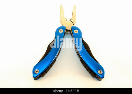 Blue and aluminium leatherman, isolated on white background Stock Photo