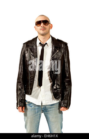 portrait of man with black leather jacket, isolated on white background Stock Photo