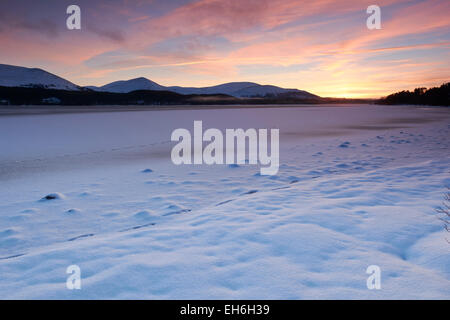 Winter sunset from the shores of the frozen Loch Morlich in Aviemore, Cairngorms, Scotland, UK Stock Photo