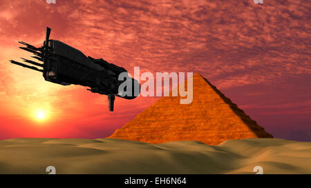 UFO Spaceship Flying towards a Pyramid in the desert - Fantasy Alien Illustrations Stock Photo