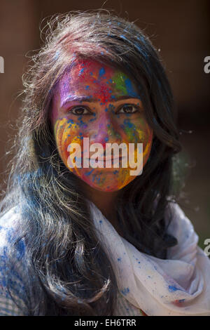 Dhaka, Bangladesh. 8th Mar, 2015. Dhaka, Bangladesh, 08 March 2015.Bangladeshi youth playing coloured powders during Holi celebrations at the Fine Arts Institute of Dhaka University. The Holi festival is celebrated to mark the onset of spring, with people from all walks of life coming out on the streets and applying coloured powder to anyone and everyone upon the advent of spring.Holi is the festival of colors, fun and frolic and is celebrated by millions of Hindus in the Indian subcontinent to welcome the spring.An ancient Hindu festival, Holi is marked as a triumph of good over evil, and Stock Photo