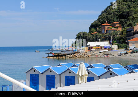 A view on the beach and the bathing hut of Capo Noli, Italy Stock Photo