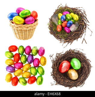 Chocolate and colored easter eggs in gold, red, green isolated on white background. Holidays decorations set Stock Photo