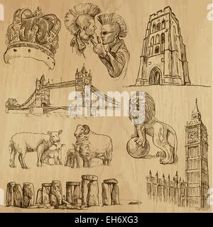 From the traveling series: ENGLAND - Collection of an hand drawn illustrations. Each drawing comprise of two basic layers of out Stock Vector
