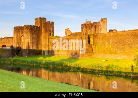 Caerphilly Castle (Castell Caerffili), a medieval castle that dominates the centre of the town of Caerphilly in south Wales. Stock Photo