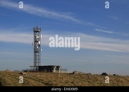 Communications relay tower with white dishes Stock Photo