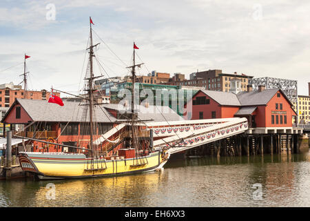 Beaver, replica of one of the Boston Tea Party ships, outside Boston Tea Party Museum, Boston, Massachusetts, USA Stock Photo