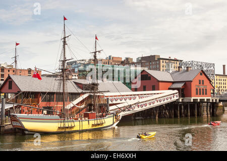 Beaver, replica of one of the Boston Tea Party ships, outside Boston Tea Party Museum, Boston, Massachusetts, USA Stock Photo