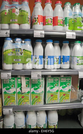 Shelves of different types of long life (UHT) milk in a supermarket in Leuven, Flemish Brabant, Belgium. Stock Photo