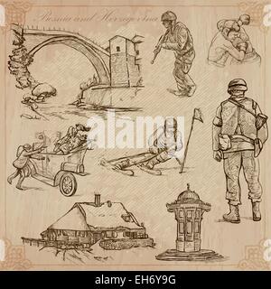BOSNIA AND HERZEGOVINA (set no.1). Collection of an hand drawn vector illustrations. Each drawing comprise three layers of lines Stock Vector