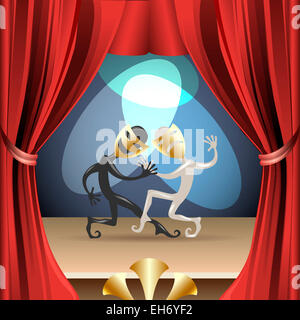 Illustration of two actors in classic masks on theater stage during performance drawn in cartoon style Stock Photo