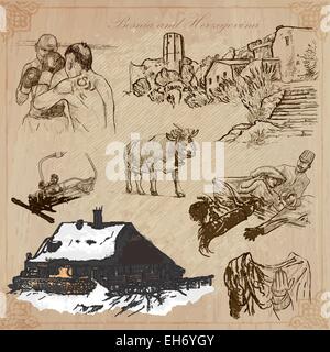 BOSNIA AND HERZEGOVINA (set no.3). Collection of an hand drawn vector illustrations. Each drawing comprise three layers of lines Stock Vector