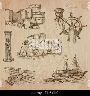 Travel: CROATIA (set no.2) - Collection of an hand drawn vector illustrations. Each drawing comprise three layers of lines, the  Stock Vector