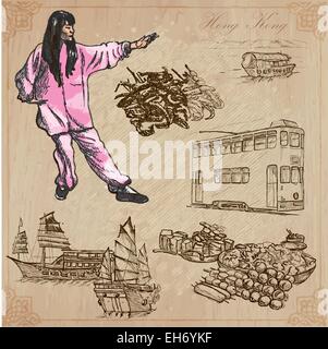 Travel: HONG KONG (set no.5) - Collection of an hand drawn vector illustrations. Each drawing comprise three layers of lines, th Stock Vector