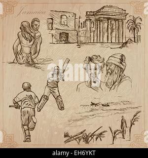Travel: JAMAICA (set no.4) - Collection of an hand drawn vector illustrations. Each drawing comprise three layers of lines, the  Stock Vector