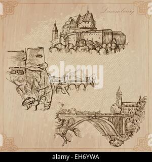 Travel: LUXEMBOURG (set no.1) - Collection of an hand drawn vector illustrations. Each drawing comprise three layers of lines, t Stock Vector