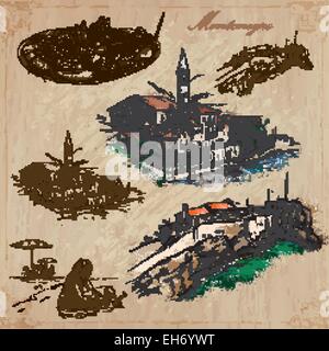 Travel: MONTENEGRO - Collection of an hand drawn vector illustrations. Each drawing comprise three layers of lines, the colored  Stock Vector