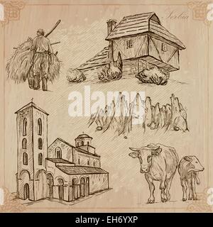 Travel: SERBIA (set no.2) - Collection of an hand drawn vector illustrations. Each drawing comprise three layers of lines, the c Stock Vector