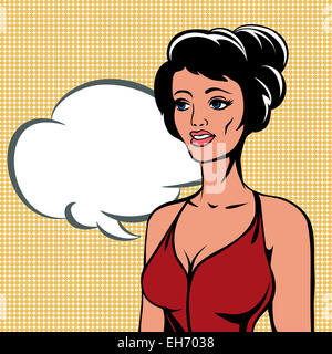 Illustration with talking woman against speech bubble drawn in vintage style with use halftone pattern Stock Photo