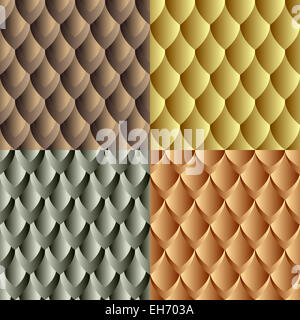 Set of dragon skin seamless patterns drawn with use gradients in fore different color variations. Each variation contains patter Stock Photo