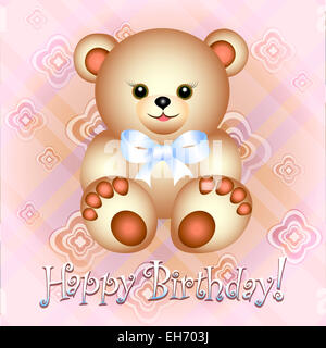 Birthday greeting card with teddy bear against pink festive background drawn in cartoon style Stock Photo