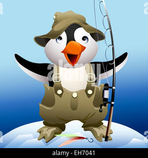 Funny illustration with little penguin who stays on a top of iceberg in fisherman uniform and brags of the huge catch Stock Photo