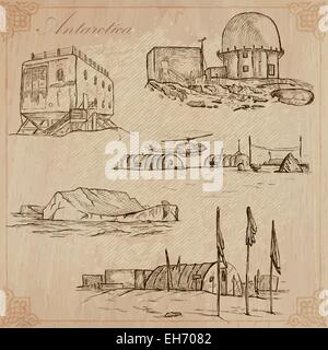 Travel series: POLAR REGIONS - ANTARCTICA (set no.3)  - Collection of an hand drawn vector illustrations. Each drawing comprise Stock Vector
