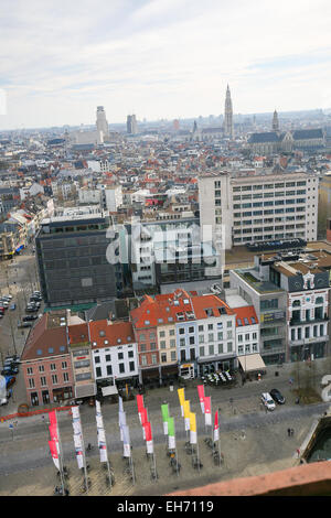 ANTWERP, BELGIUM - MARCH 7, 2015: Aerial view on the center of Antwerp, Belgium, with the Cathedral of Our Lady on the right. Stock Photo