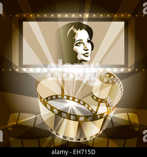Illustration with celluloid and female face on the screen against rays of cinema projector drawn in vintage style using sepia Stock Photo