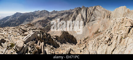 panorama of the high Sierra from the summit of Gamblers Special including Lone Pine Peak Mount Muir Mount Whitney  Russel and Ca Stock Photo