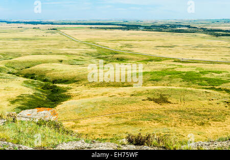 View of plains from Head-Smashed-In Buffalo Jump northwest of Fort MacLeod, Alberta, Canada. Stock Photo