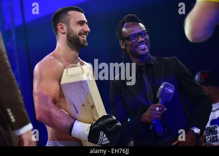 March 7, 2015: Andrei Stoica ROU enjoying the victory at the Superkombat Fight Championship 2015 Competition at Sala Sporturilor Olimpia, Ploiesti in Ploiesti, Romania ROU.  Stock Photo