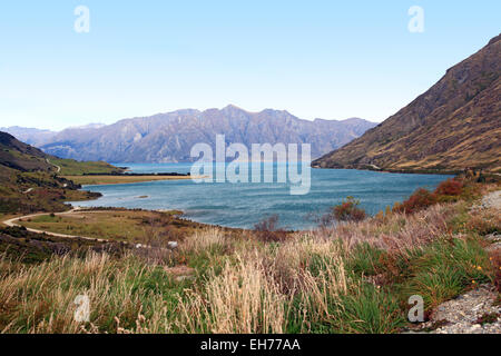 Mountain landscape of Lake Hawea near Queenstown in New Zealand Stock Photo