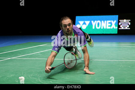 Birmingham, UK. 8th Mar, 2015. Jan Jorgensen of Denmark competes during the men's singles final against Chen Long of China at the All England Open Badminton Championships at Barclaycard Arena in Birmingham, Britain on March 8, 2015. Jan Jorgensen lost 1-2. Credit:  Han Yan/Xinhua/Alamy Live News Stock Photo