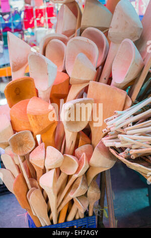 Ocotlán de Morelos, Oaxaca, Mexico - Wooden spoons for sale in the Friday Ocotlán market. Stock Photo