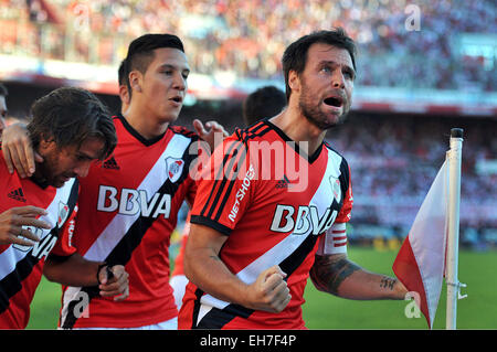 Buenos Aires, Argentina. 8th Mar, 2015. River Plate's Fernando Cavenaghi (R) celebrates with his teammates after scoring during the match of the Argentinean soccer against Union de Santa Fe, held in the Monumental Stadium in Buenos Aires, Argentina, March 8, 2015. © TELAM/Xinhua/Alamy Live News Stock Photo